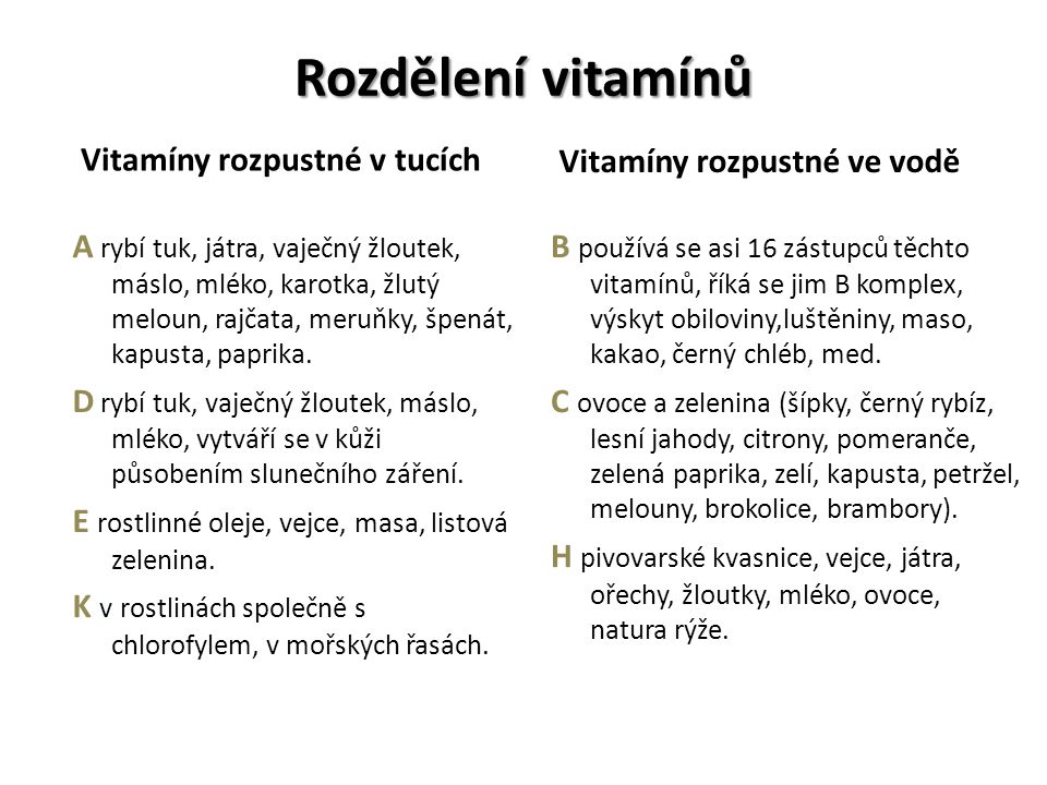 Rozdělení vitamínů Vitamíny rozpustné v tucích A rybí tuk, játra, vaječný žloutek, máslo, mléko, karotka, žlutý meloun, rajčata, meruňky, špenát, kapusta, paprika.