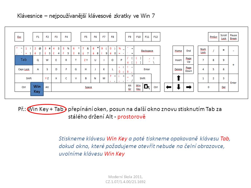 Moderní škola 2011, CZ.1.07/1.4.00/ Př.: Win Key + Tab - přepínání oken, posun na další okno znovu stisknutím Tab za stálého držení Alt - prostorově Stiskneme klávesu Win Key a poté tiskneme opakovaně klávesu Tab, dokud okno, které požadujeme otevřít nebude na čelní obrazovce, uvolníme klávesu Win Key Klávesnice – nejpoužívanější klávesové zkratky ve Win 7 Tab Win Key