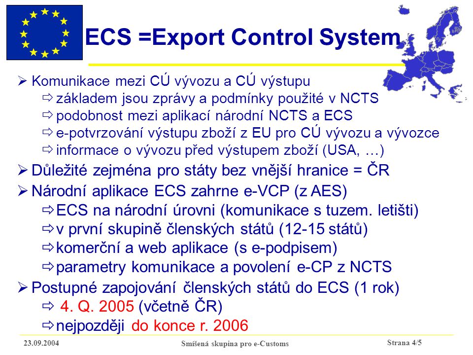 Strana 4/ Smíšená skupina pro e-Customs ECS =Export Control System  Komunikace mezi CÚ vývozu a CÚ výstupu  základem jsou zprávy a podmínky použité v NCTS  podobnost mezi aplikací národní NCTS a ECS  e-potvrzování výstupu zboží z EU pro CÚ vývozu a vývozce  informace o vývozu před výstupem zboží (USA, …)  Důležité zejména pro státy bez vnější hranice = ČR  Národní aplikace ECS zahrne e-VCP (z AES)  ECS na národní úrovni (komunikace s tuzem.