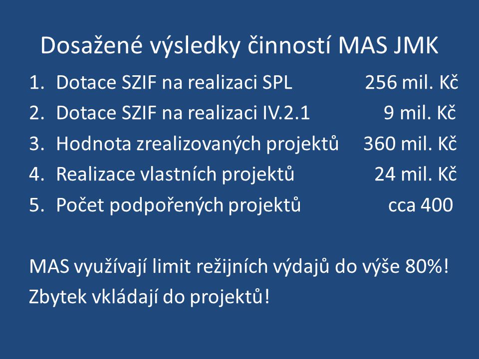 Dosažené výsledky činností MAS JMK 1.Dotace SZIF na realizaci SPL 256 mil.