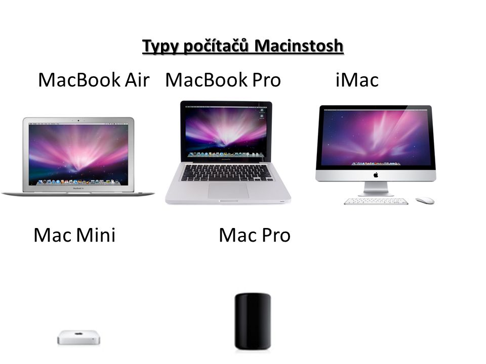Typy počítačů Macinstosh MacBook Air MacBook Pro iMac Mac Mini Mac Pro