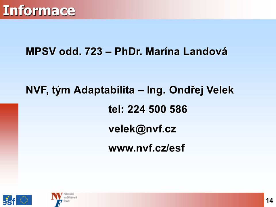 14Informace MPSV odd. 723 – PhDr. Marína Landová NVF, tým Adaptabilita – Ing.