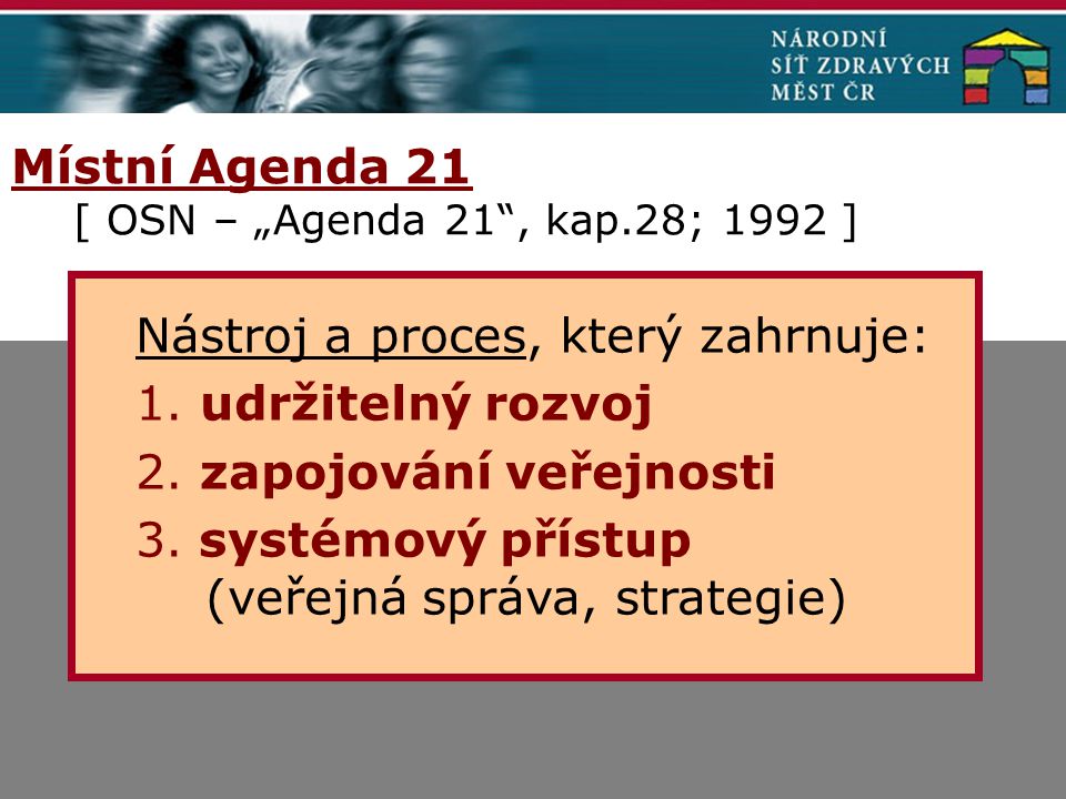 Místní Agenda 21 [ OSN – „Agenda 21 , kap.28; 1992 ] Nástroj a proces, který zahrnuje: 1.