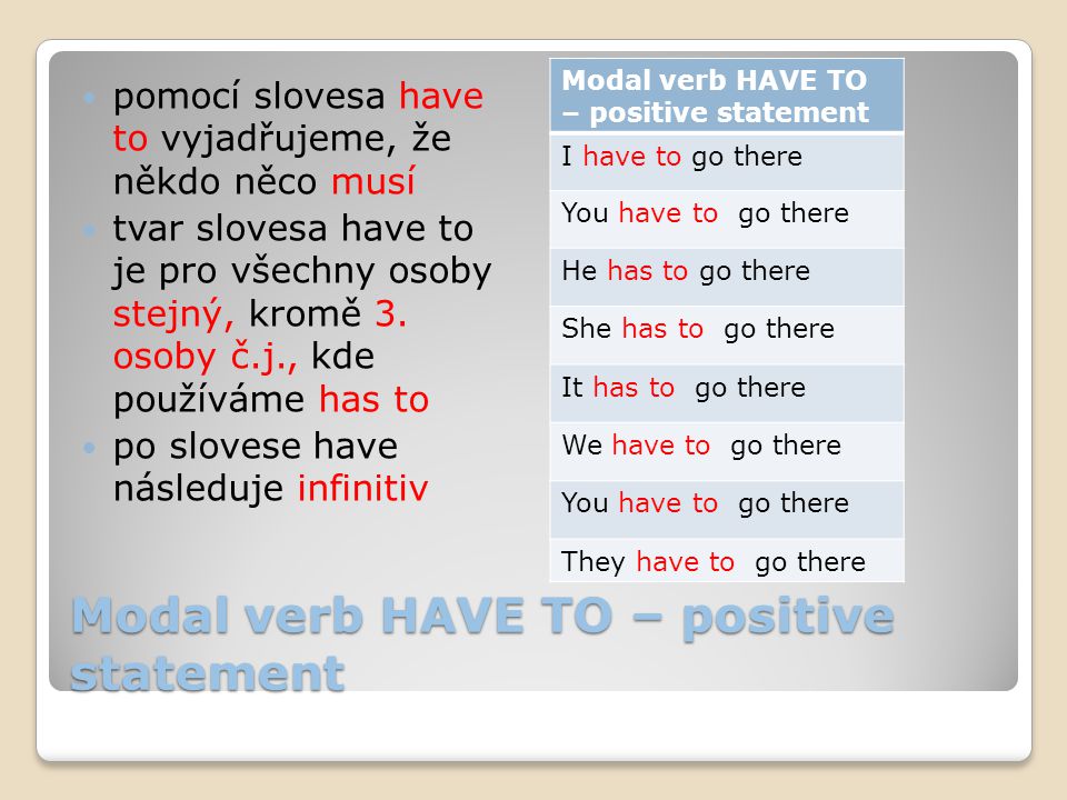 Modal verb HAVE TO – positive statement pomocí slovesa have to vyjadřujeme, že někdo něco musí tvar slovesa have to je pro všechny osoby stejný, kromě 3.
