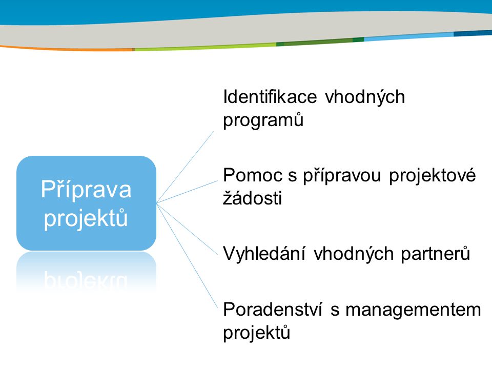Identifikace vhodných programů Pomoc s přípravou projektové žádosti Vyhledání vhodných partnerů Poradenství s managementem projektů