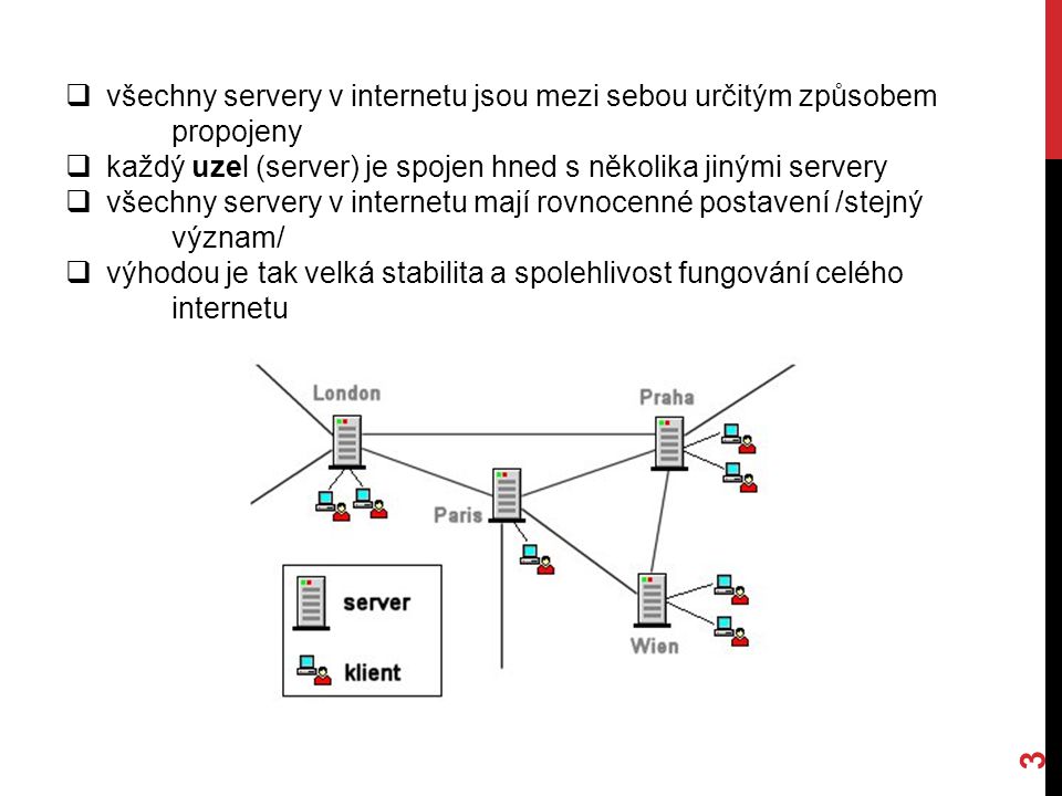 3  všechny servery v internetu jsou mezi sebou určitým způsobem propojeny  každý uzel (server) je spojen hned s několika jinými servery  všechny servery v internetu mají rovnocenné postavení /stejný význam/  výhodou je tak velká stabilita a spolehlivost fungování celého internetu
