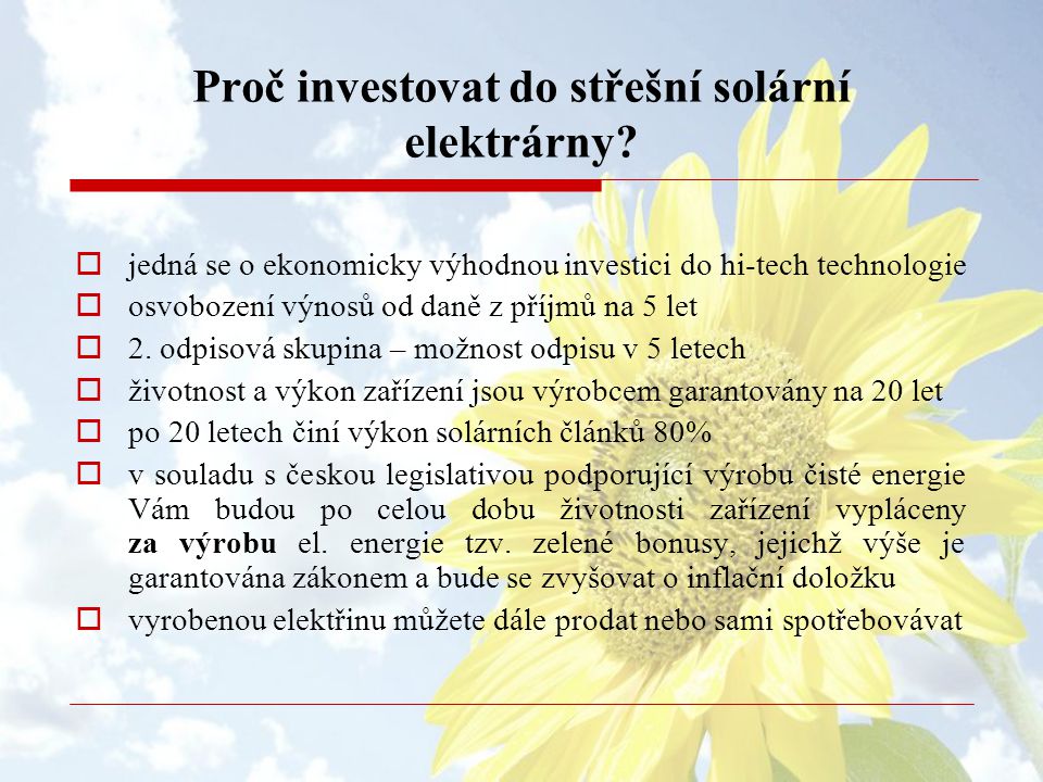 Proč investovat do střešní solární elektrárny.