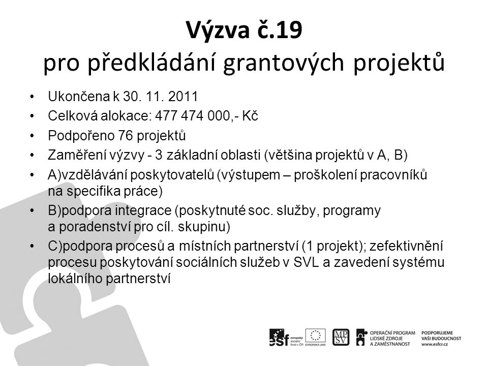 Výzva č.19 pro předkládání grantových projektů Ukončena k 30.