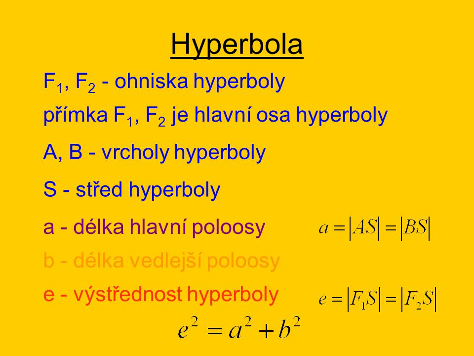 F 1, F 2 - ohniska hyperboly A, B - vrcholy hyperboly S - střed hyperboly a - délka hlavní poloosy b - délka vedlejší poloosy e - výstřednost hyperboly přímka F 1, F 2 je hlavní osa hyperboly
