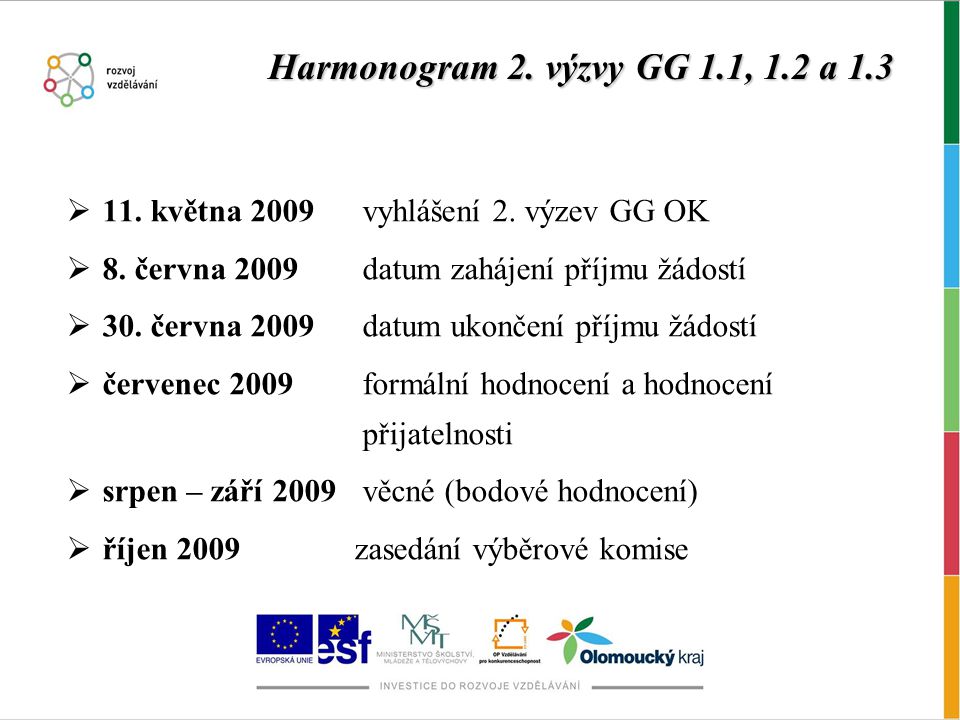 Harmonogram 2. výzvy GG 1.1, 1.2 a 1.3  11. května 2009 vyhlášení 2.
