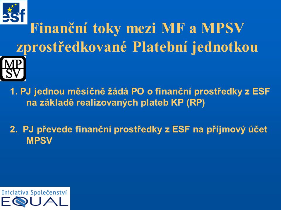 Finanční toky mezi MF a MPSV zprostředkované Platební jednotkou 1.