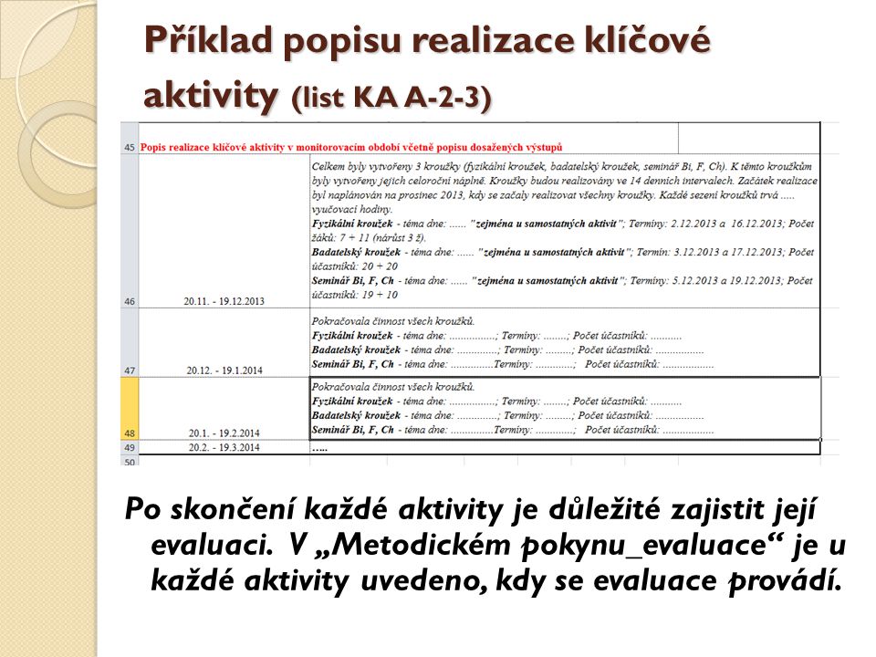 Příklad popisu realizace klíčové aktivity (list KA A-2-3) Po skončení každé aktivity je důležité zajistit její evaluaci.