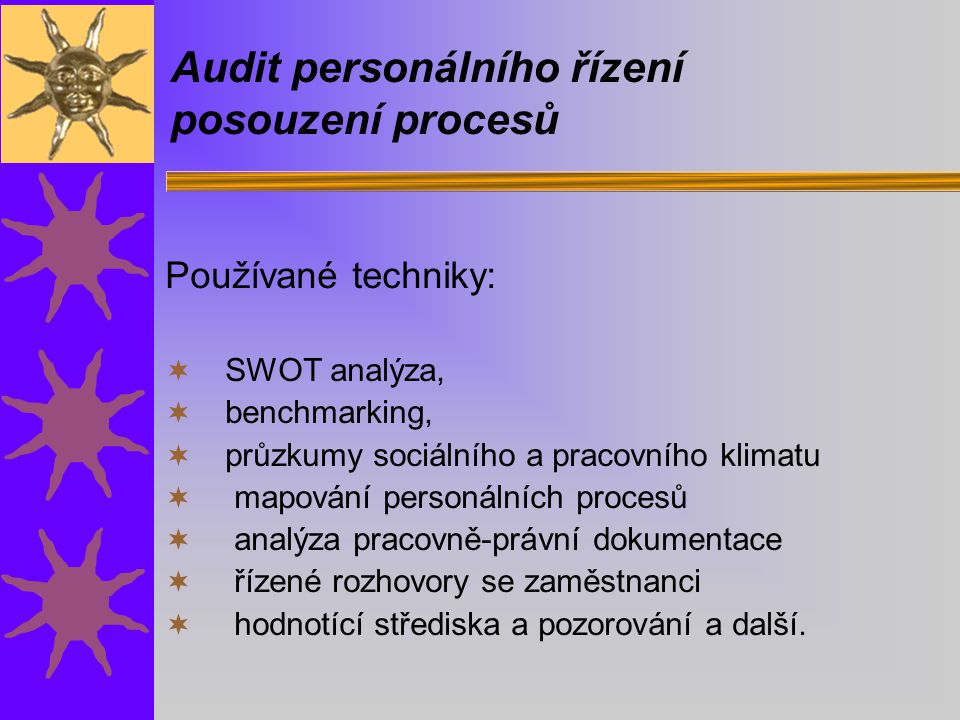 Audit personálního řízení posouzení procesů Používané techniky:  SWOT analýza,  benchmarking,  průzkumy sociálního a pracovního klimatu  mapování personálních procesů  analýza pracovně-právní dokumentace  řízené rozhovory se zaměstnanci  hodnotící střediska a pozorování a další.