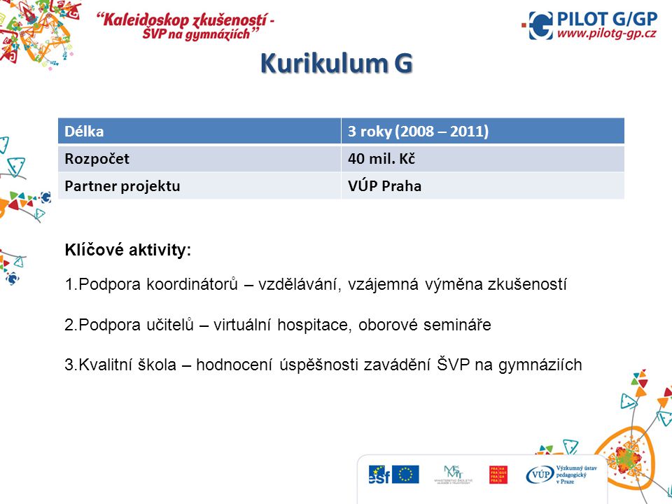 Kurikulum G Délka3 roky (2008 – 2011) Rozpočet40 mil.