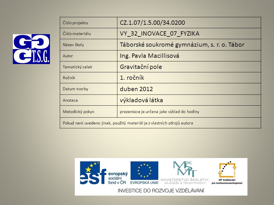 Číslo projektu CZ.1.07/1.5.00/ Číslo materiálu VY_32_INOVACE_07_FYZIKA Název školy Táborské soukromé gymnázium, s.