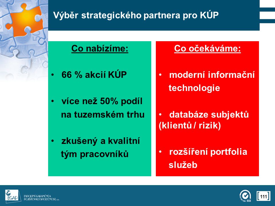 111 Výběr strategického partnera pro KÚP Co nabízíme: 66 % akcií KÚP více než 50% podíl na tuzemském trhu zkušený a kvalitní tým pracovníků Co očekáváme: moderní informační technologie databáze subjektů (klientů / rizik) rozšíření portfolia služeb