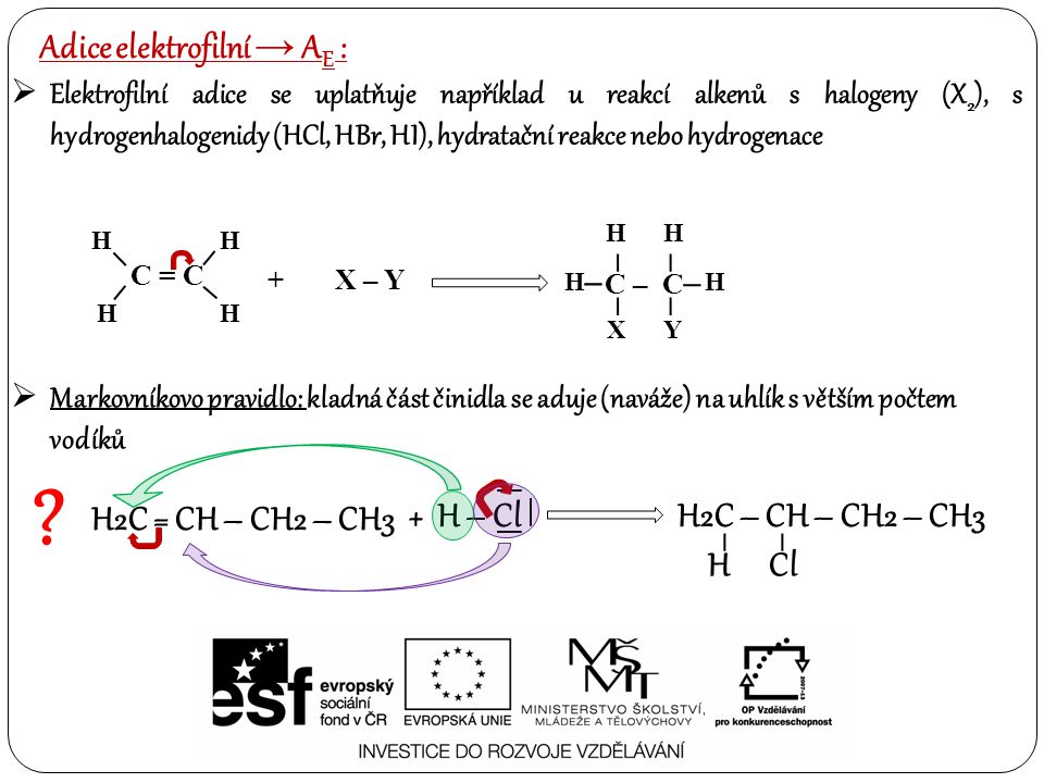 Elektrofilní adice se uplatňuje například u reakcí alkenů s halogeny (X 2 ), s hydrogenhalogenidy (HCl, HBr, HI), hydratační reakce nebo hydrogenace Adice elektrofilní → A E :  Markovníkovo pravidlo: kladná část činidla se aduje (naváže) na uhlík s větším počtem vodíků C = C – – – – H HH H + X – Y HH C – C – – – – HH –– XY .