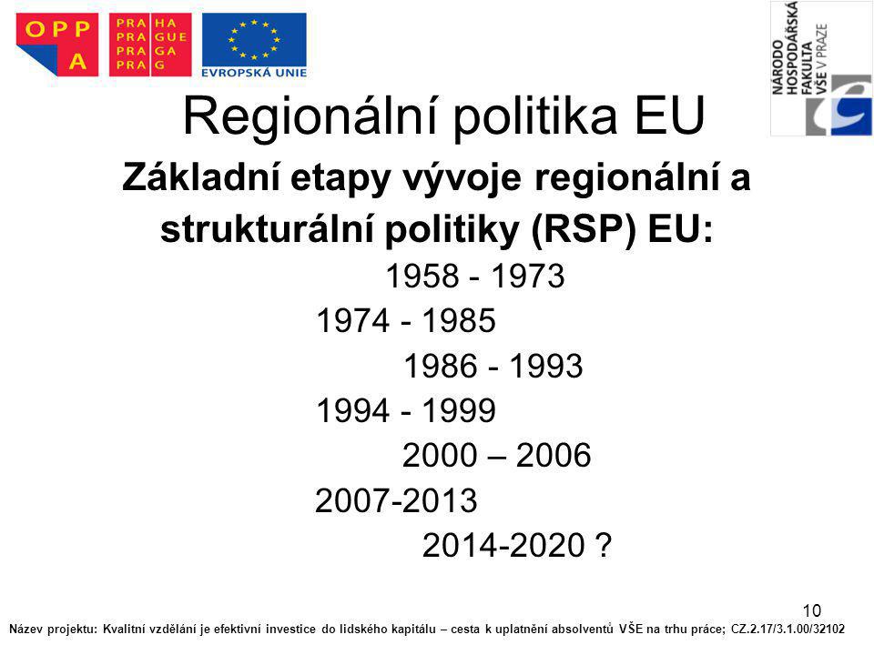 10 Regionální politika EU Základní etapy vývoje regionální a strukturální politiky (RSP) EU: –
