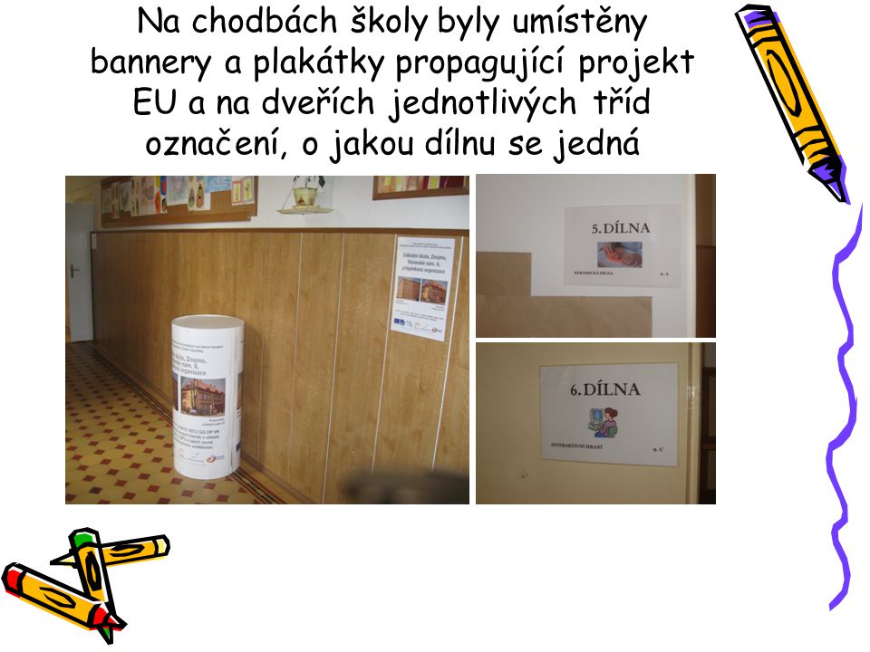Na chodbách školy byly umístěny bannery a plakátky propagující projekt EU a na dveřích jednotlivých tříd označení, o jakou dílnu se jedná