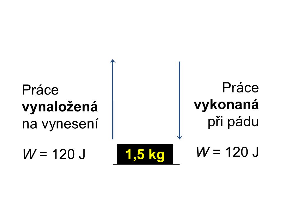 Práce vynaložená na vynesení W = 120 J Práce vykonaná při pádu W = 120 J 1,5 kg