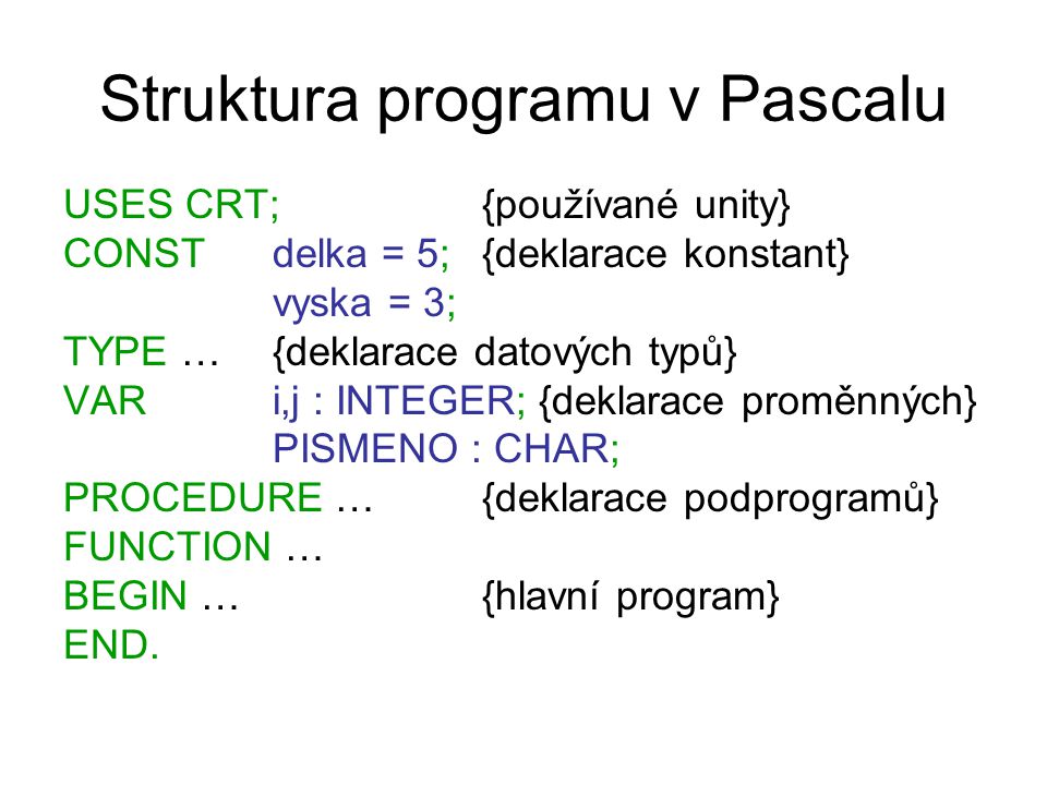 Struktura programu v Pascalu USES CRT;{používané unity} CONSTdelka = 5;{deklarace konstant} vyska = 3; TYPE … {deklarace datových typů} VARi,j : INTEGER; {deklarace proměnných} PISMENO : CHAR; PROCEDURE …{deklarace podprogramů} FUNCTION … BEGIN …{hlavní program} END.