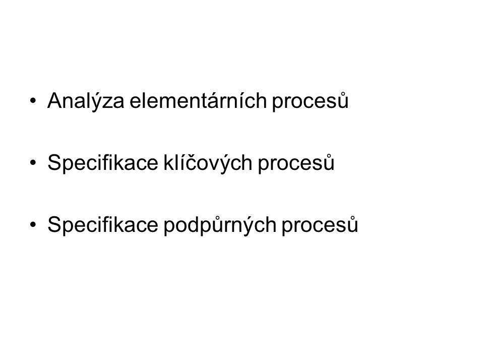 Analýza elementárních procesů Specifikace klíčových procesů Specifikace podpůrných procesů