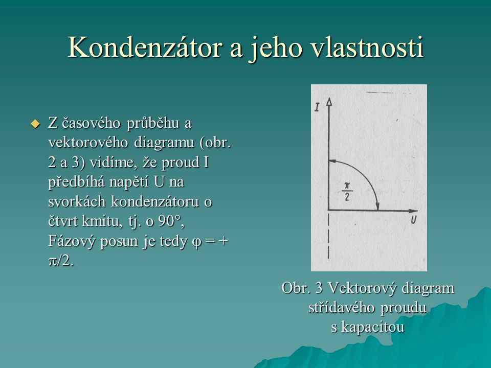 Kondenzátor a jeho vlastnosti  Z časového průběhu a vektorového diagramu (obr.