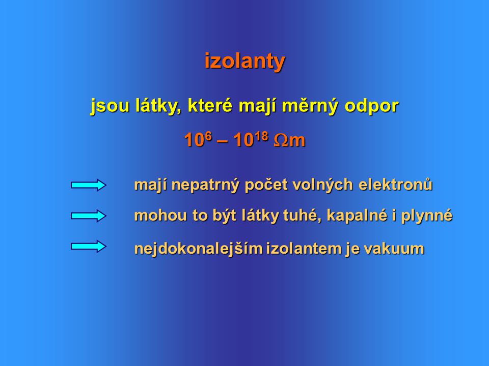 izolanty jsou látky, které mají měrný odpor 106 – 1018 m mají nepatrný počet volných elektronů mohou to být látky tuhé, kapalné i plynné nejdokonalejším izolantem je vakuum