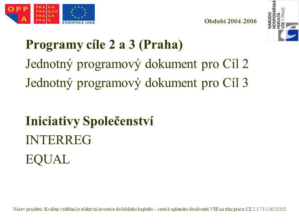 Období Programy cíle 2 a 3 (Praha) Jednotný programový dokument pro Cíl 2 Jednotný programový dokument pro Cíl 3 Iniciativy Společenství INTERREG EQUAL Název projektu: Kvalitní vzdělání je efektivní investice do lidského kapitálu – cesta k uplatnění absolventů VŠE na trhu práce; CZ.2.17/3.1.00/32102