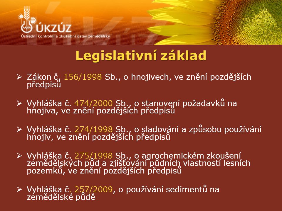  Zákon č. 156/1998 Sb., o hnojivech, ve znění pozdějších předpisů  Vyhláška č.