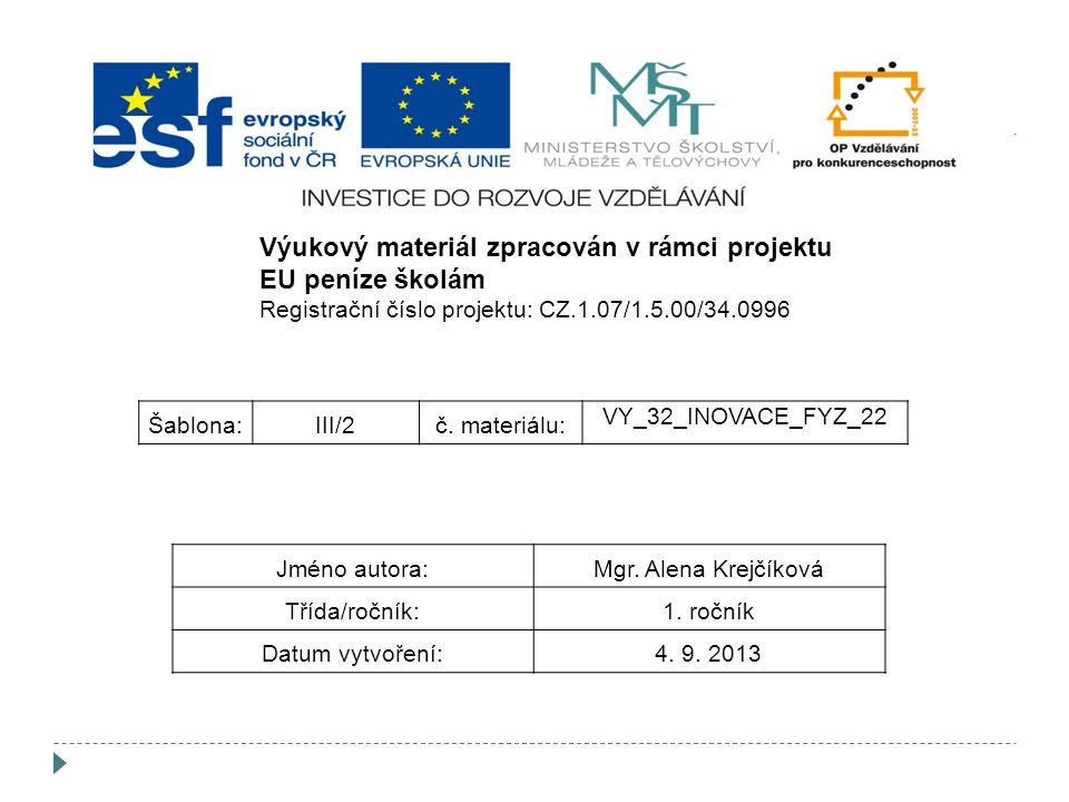 Výukový materiál zpracován v rámci projektu EU peníze školám Registrační číslo projektu: CZ.1.07/1.5.00/ Šablona:III/2č.