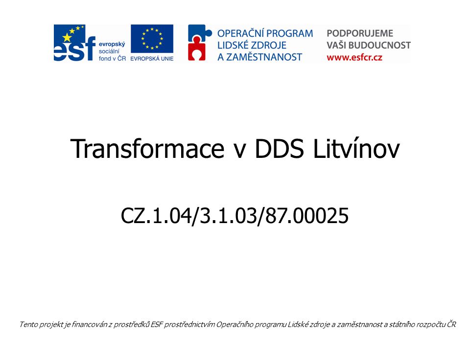 Transformace v DDS Litvínov CZ.1.04/3.1.03/ Tento projekt je financován z prostředků ESF prostřednictvím Operačního programu Lidské zdroje a zaměstnanost a státního rozpočtu ČR