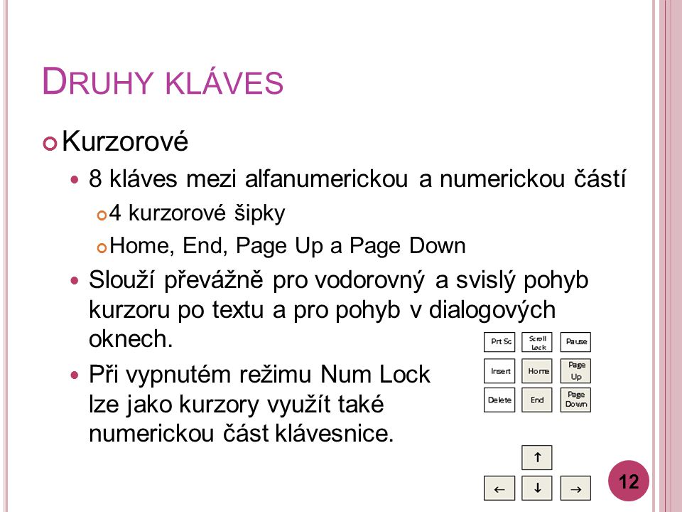 D RUHY KLÁVES Kurzorové 8 kláves mezi alfanumerickou a numerickou částí 4 kurzorové šipky Home, End, Page Up a Page Down Slouží převážně pro vodorovný a svislý pohyb kurzoru po textu a pro pohyb v dialogových oknech.