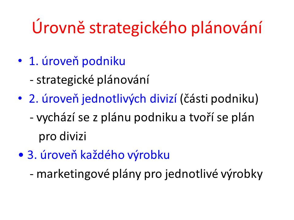 Úrovně strategického plánování 1. úroveň podniku - strategické plánování 2.
