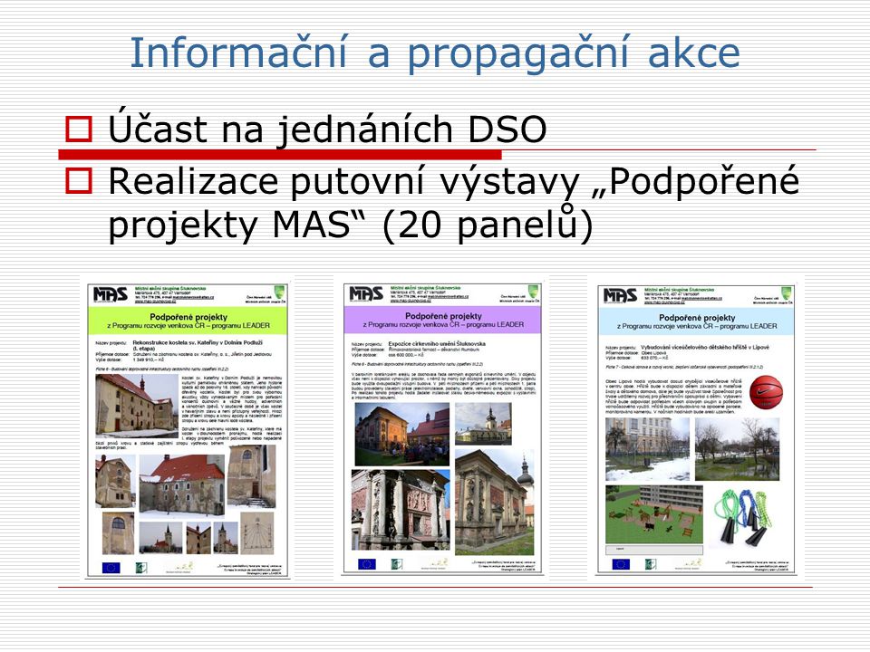Informační a propagační akce  Účast na jednáních DSO  Realizace putovní výstavy „Podpořené projekty MAS (20 panelů)