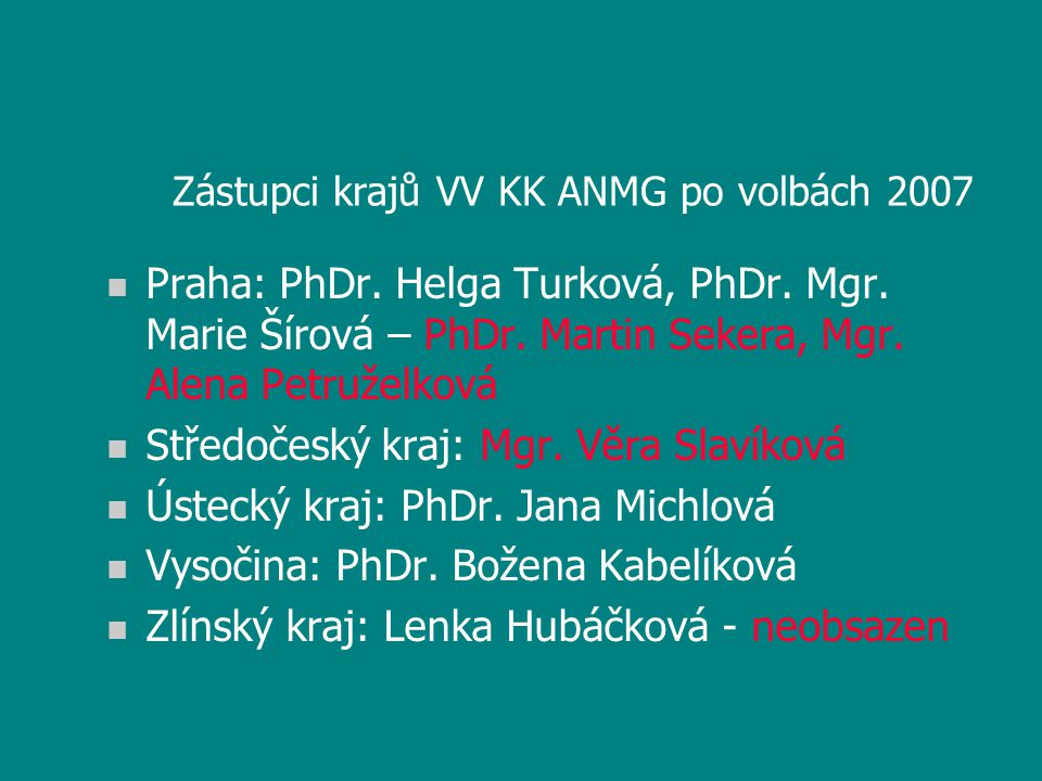 Zástupci krajů VV KK ANMG po volbách 2007 n Praha: PhDr.