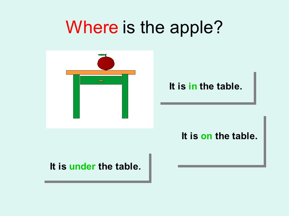 Where is the apple. It is in the table. It is in the table.