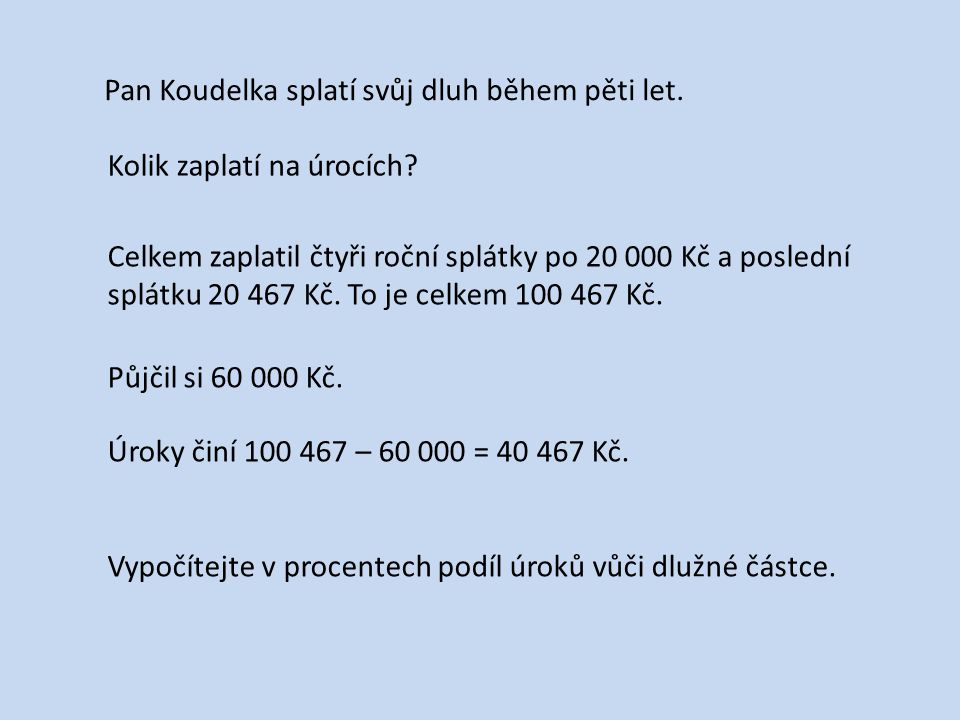 Pan Koudelka splatí svůj dluh během pěti let. Kolik zaplatí na úrocích.