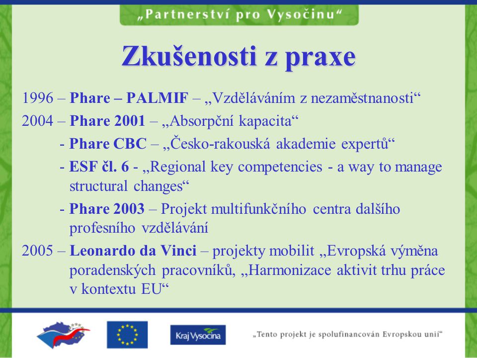 Zkušenosti z praxe 1996 – Phare – PALMIF – „Vzděláváním z nezaměstnanosti 2004 – Phare 2001 – „Absorpční kapacita - Phare CBC – „Česko-rakouská akademie expertů - ESF čl.