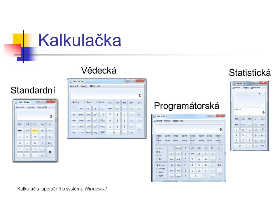 Kalkulačka Standardní Vědecká Programátorská Statistická Kalkulačka operačního systému Windows 7