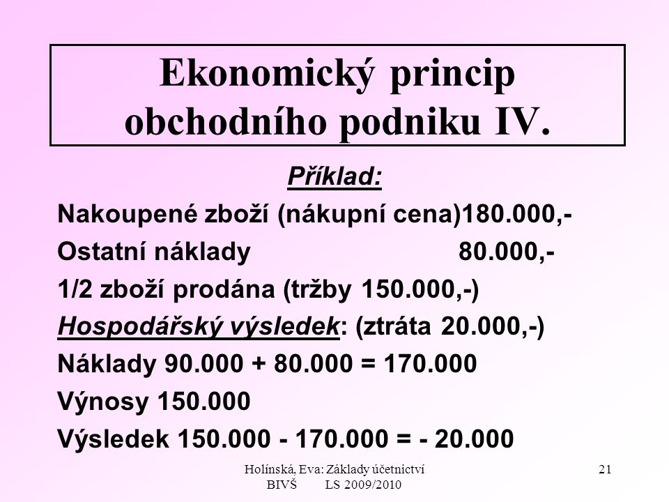 Holínská, Eva: Základy účetnictví BIVŠ LS 2009/ Ekonomický princip obchodního podniku IV.