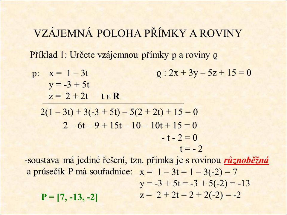 Příklad 1: Určete vzájemnou přímky p a roviny ϱ -soustava má jediné řešení, tzn.